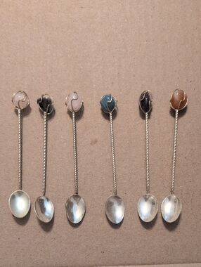 Silver Tone Bar Spoon Set Of 6 - Multi-Color Semi Precious Stones